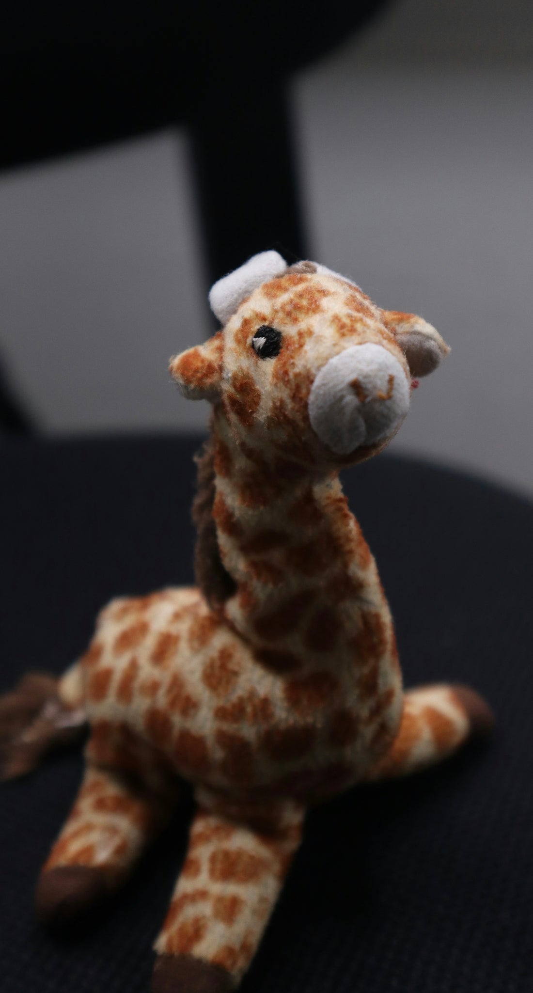 a stuffed giraffe sitting on top of a chair