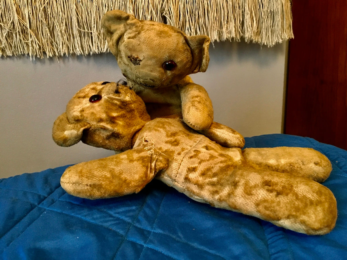 a teddy bear and a stuffed giraffe laying on a bed