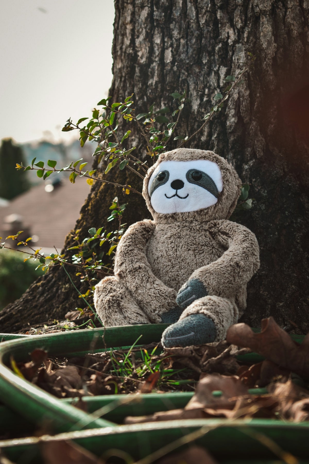 a stuffed animal is sitting in the leaves
