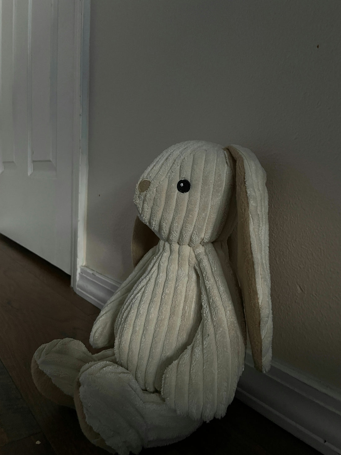a stuffed rabbit sitting on the floor next to a door