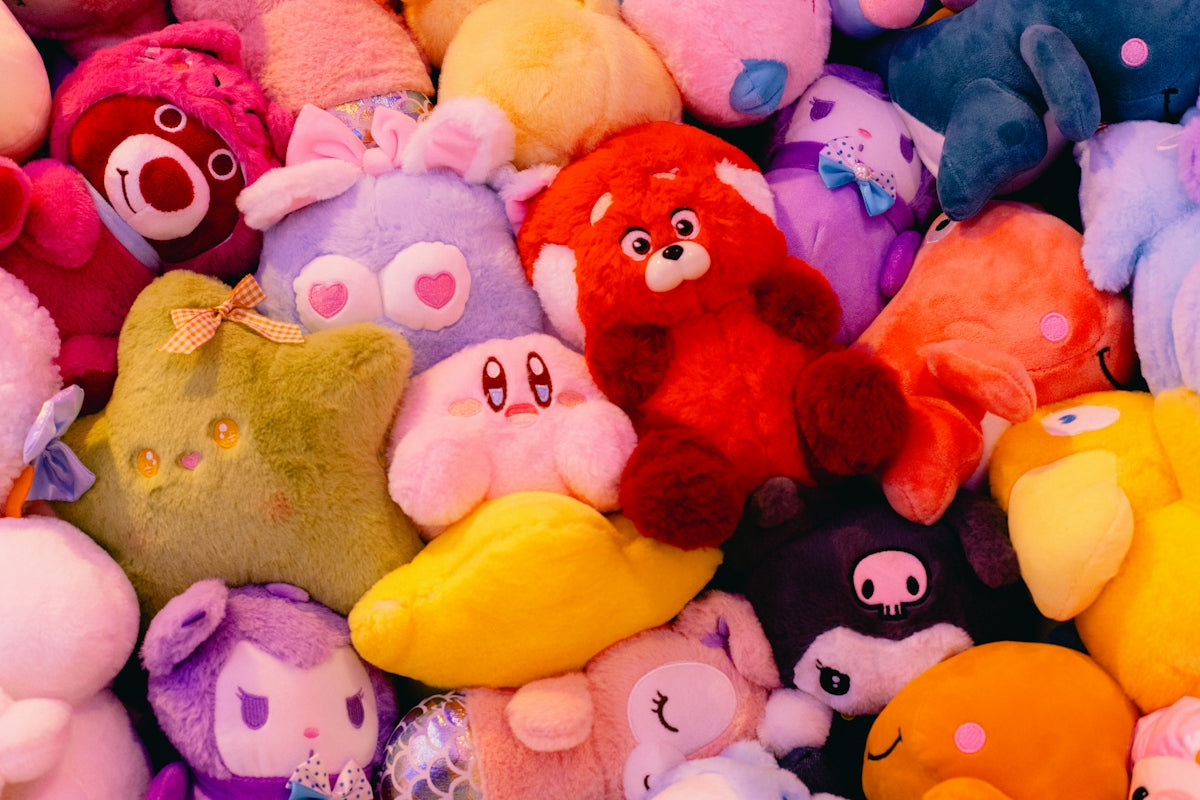 Plushies fill a cozy, colorful, and cute scene