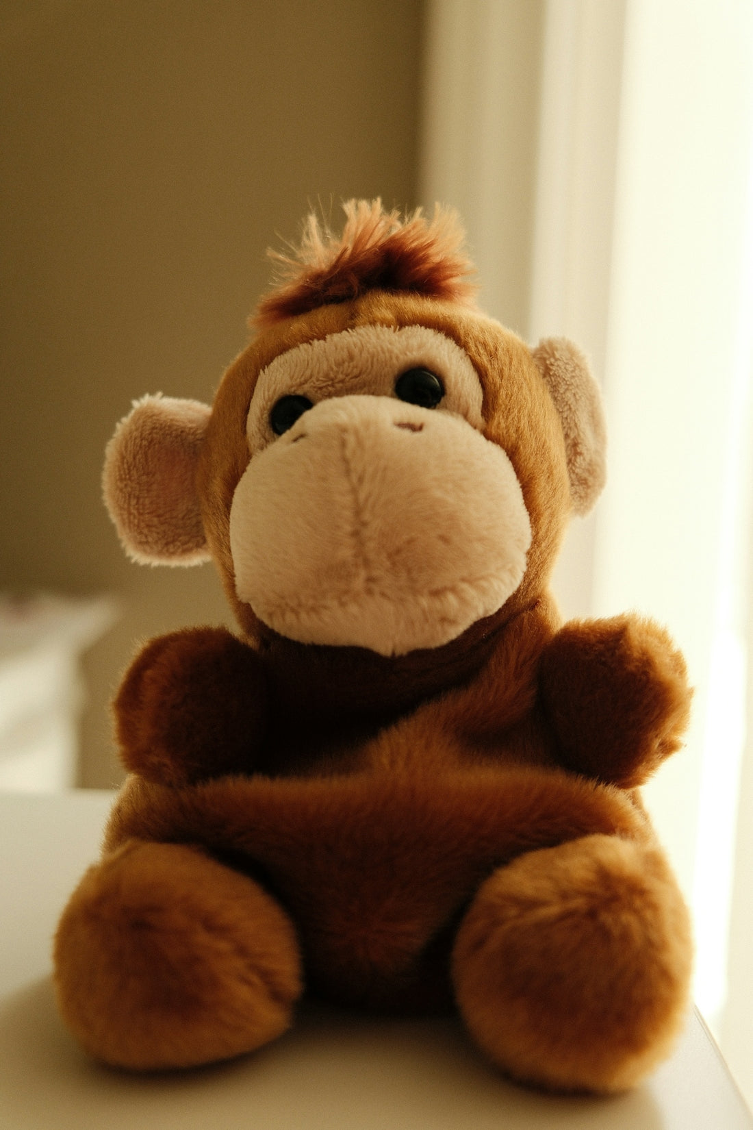 A brown plush monkey toy sits by a window