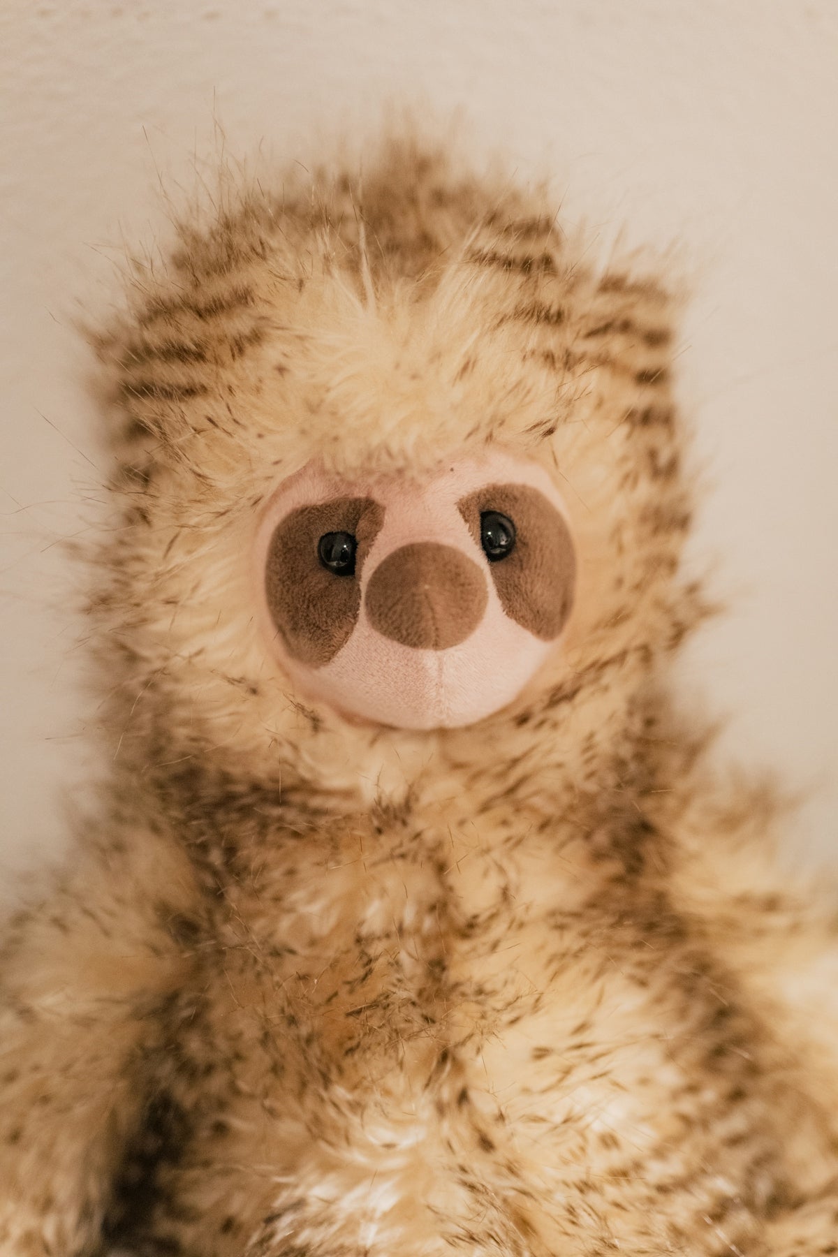 Fluffy brown and beige stuffed sloth toy.