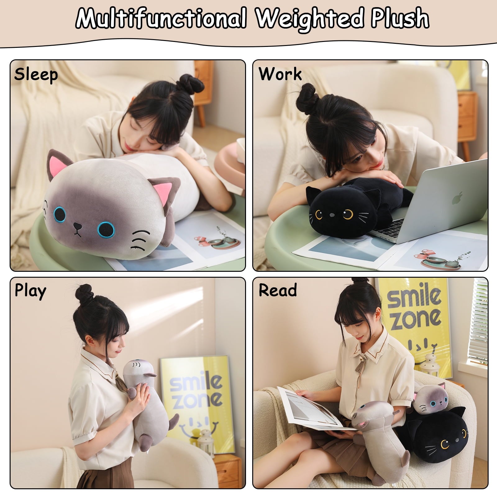 Warmos Co Weighted Black Cat Plush, Cute Soft Pillow Toy Gift for Kids 23.6 Inch,
