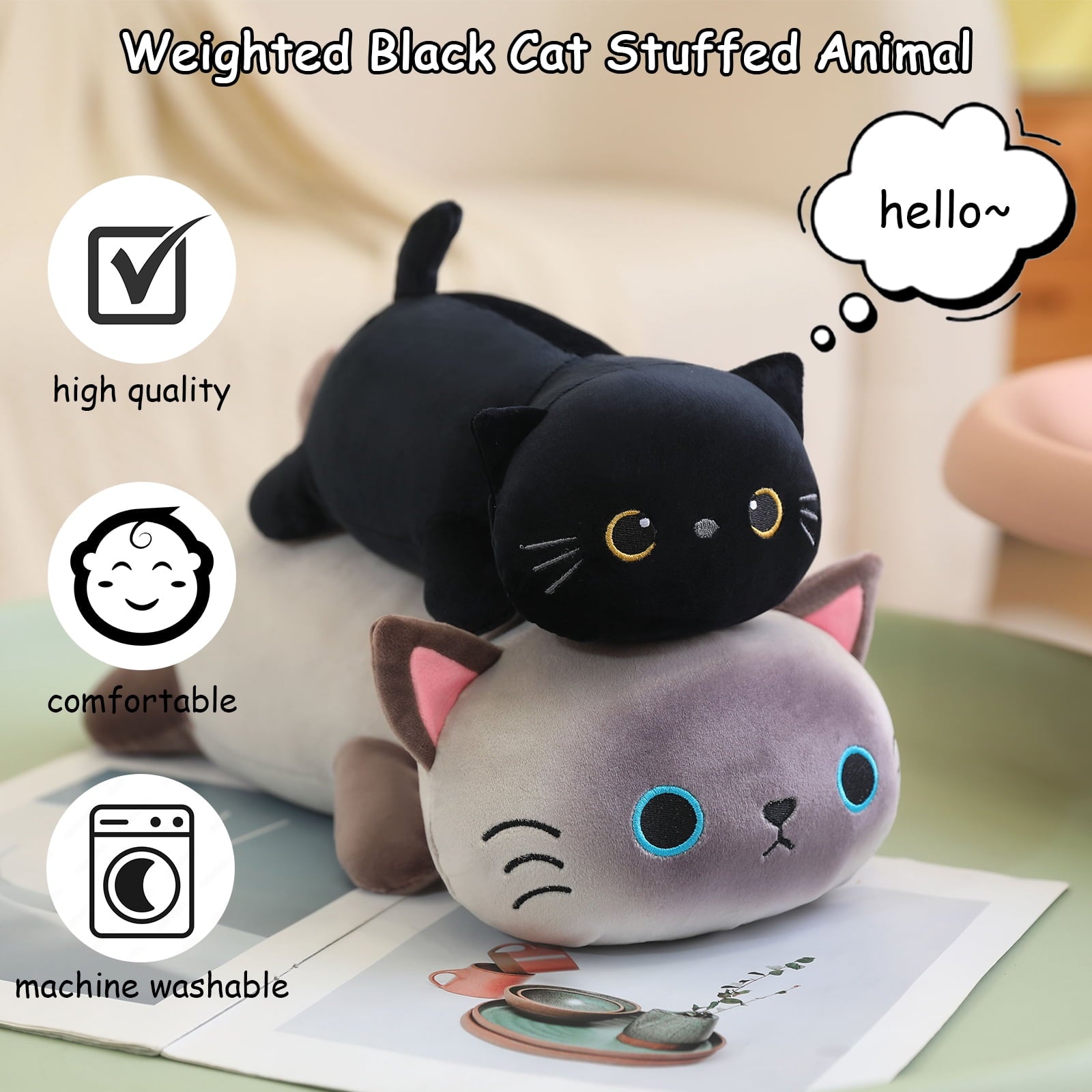 Warmos Co Weighted Black Cat Plush, Cute Soft Pillow Toy Gift for Kids 23.6 Inch,