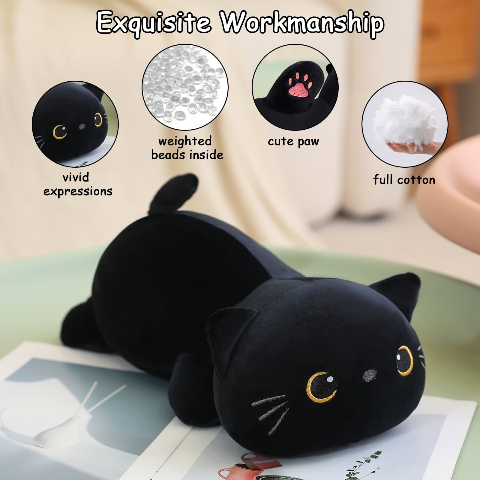 Warmos Co Weighted Black Cat Plush, Cute Soft Pillow Toy Gift for Kids 23.6 Inch,